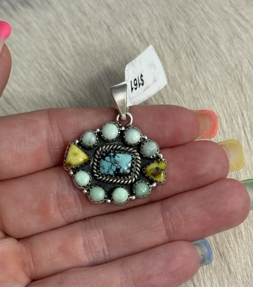 Sterling Silver Green Paloma & Palomino Turquoise Spiderweb Cluster Pendant